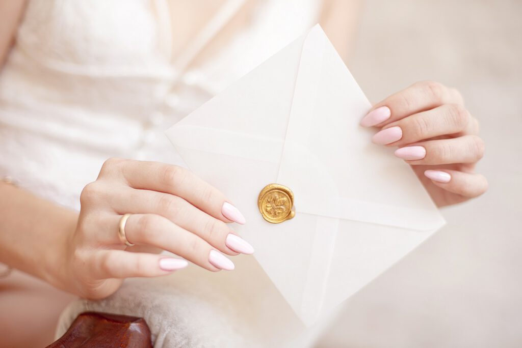 Odmiana nazwisk na zaproszeniach ślubnych - panna młoda z białą kopertą w ręku